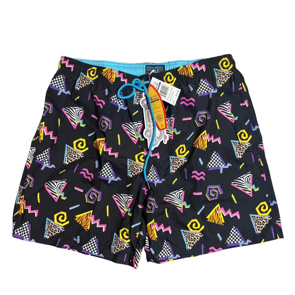 Broken Threads Swim Trunks Medium Black Retro 90s Geometric Pattern Board Shorts